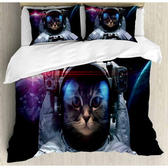 Space Cat Duvet Cover Set, Cosmonaut Kitty in Galaxy Cosmos Nebula Stars with Eclipse Image, Decorative 3 Piece Bedding Set with 2 Pillow Shams, Calking Size, Dark Blue White, by Ambesonne
