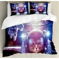 thumbnail image 1 of Space Cat Duvet Cover Set King Size, Astronauts in Nebula Galaxy with Eclipse in Saturn Planets Image, Decorative 3 Piece Bedding Set with 2 Pillow Shams, Dark Blue White and Purple, by Ambesonne, 1 of 3