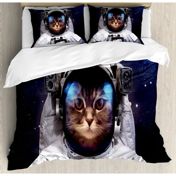 Space Cat Duvet Cover Set, Milkyway Galaxy Space Traveller Cat in Suit with Stars Backdrop Image, Decorative 3 Piece Bedding Set with 2 Pillow Shams, Queen Size, Navy Blue and White, by Ambesonne