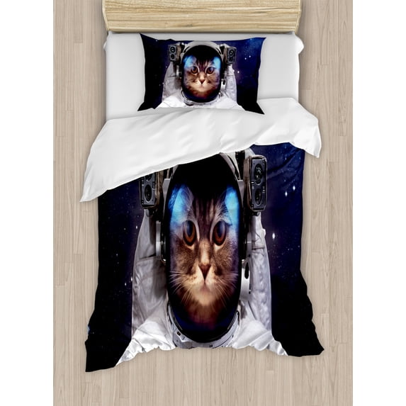 Space Cat Duvet Cover Set, Milkyway Galaxy Space Traveller Cat in Suit with Stars Backdrop Image, Decorative 2 Piece Bedding Set with 1 Pillow Shams, Twin Size, Navy Blue and White, by Ambesonne