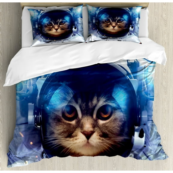 Space Cat Duvet Cover Set Queen Size, Felline Astronaut Theme Funny Illustration with Science Themes Exploring Universe, Decorative 3 Piece Bedding Set with 2 Pillow Shams, Multicolor, by Ambesonne