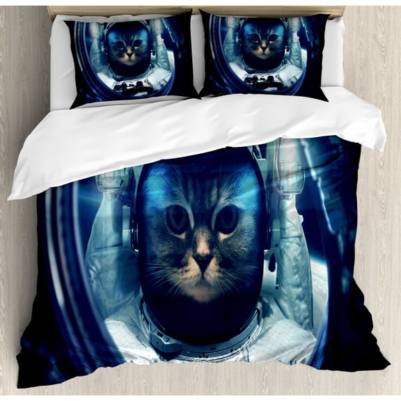 Space Cat Duvet Cover Set Queen Size, Kitty in Space Suit Loking From Rocket in Galactic Space Orbit Artwork, Decorative 3 Piece Bedding Set with 2 Pillow Shams, Dark Blue and White, by Ambesonne