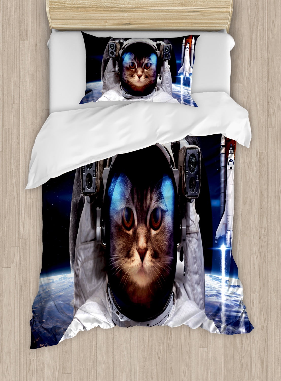 Twin Size Space Cat Navy Blue Microfiber Duvet Set