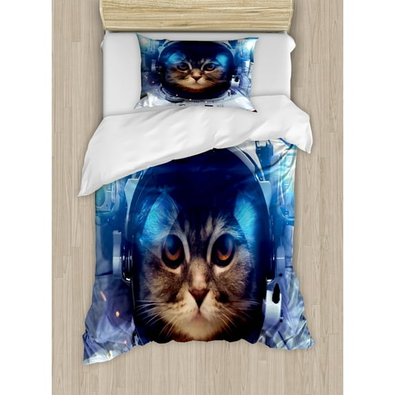 Space Cat Duvet Cover Set Twin Size, Felline Astronaut Theme Funny Illustration with Science Themes Exploring Universe, Decorative 2 Piece Bedding Set with 1 Pillow Sham, Multicolor, by Ambesonne