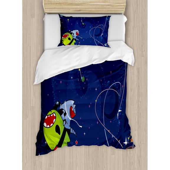Space Cat Duvet Cover Sets, Cartoon Kittens Alien Creatures Stars Planets on Abstract Backdrop, Bedding Set with 2 Duvet Covers & 2 Pillowcases, 2 Pack Twin Size, Green Brown Dark Blue, by Ambesonne