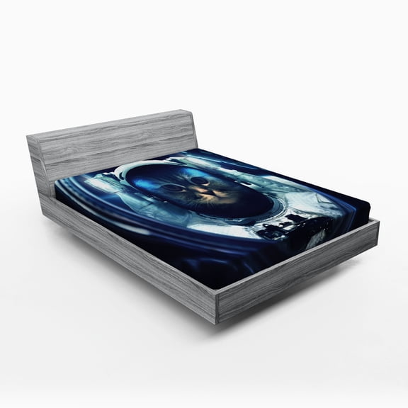 Ambesonne Space Cat Fitted Sheet, Glass Rocket Galaxy, Queen Size, Dark Blue and White