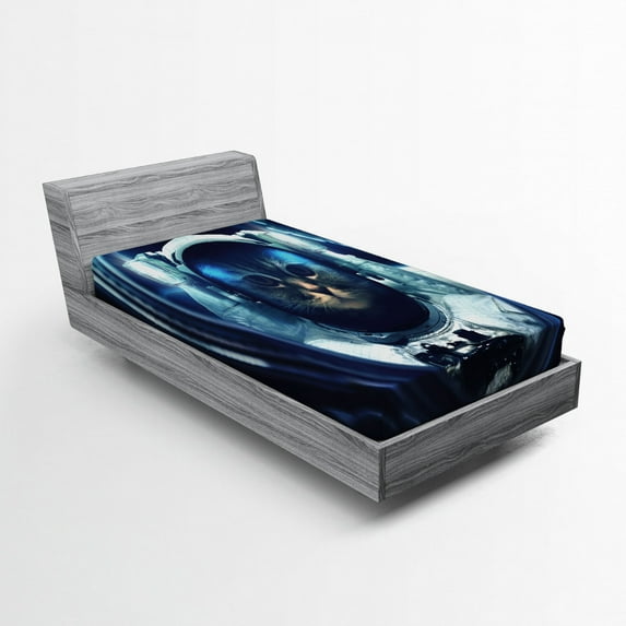 Ambesonne Space Cat Fitted Sheet, Glass Rocket Galaxy, Twin XL Size, Dark Blue and White