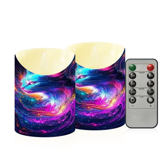 Space Cat Flameless Candles 2 PCS with Remote Realistic Moving Flame LED Tapered Pillar Set for Home Decor