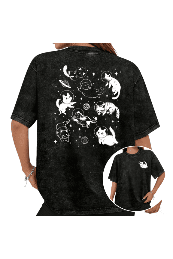 Space Cat Graphic Breathable Tee T-shirt Astronaut Cats Planets Stars Tops Short Sleeve Round Neck Black S-2XL Plus Size
