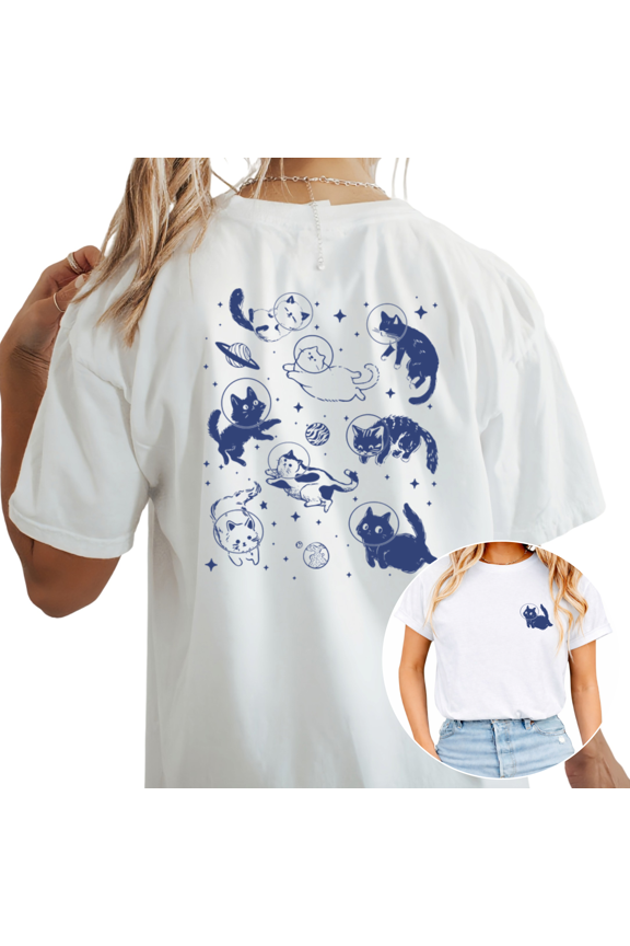 Space Cat Graphic Breathable Tee T-shirt Astronaut Cats Planets Stars Tops Short Sleeve Round Neck White S-5XL