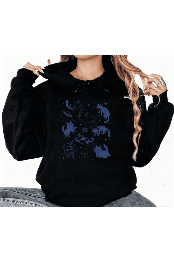 Space Cat Graphic Suitable and Regular Fit Tee T-Shirt Top Print Hooded long-sleeved Black S-2XL