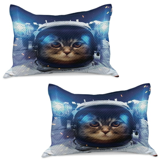 Space Cat Knitted Quilt Pillowcover Set of 2, Felline Astronaut Theme Funny Illustration with Science Themes Exploring Universe, Standard Queen Pillow Sham Bedroom, 30" x 20", Multicolor, by Ambesonne