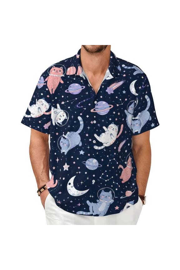 Space Cat Men's Shirts Short-Sleeved with All-Over Prints Button-Up Shirts