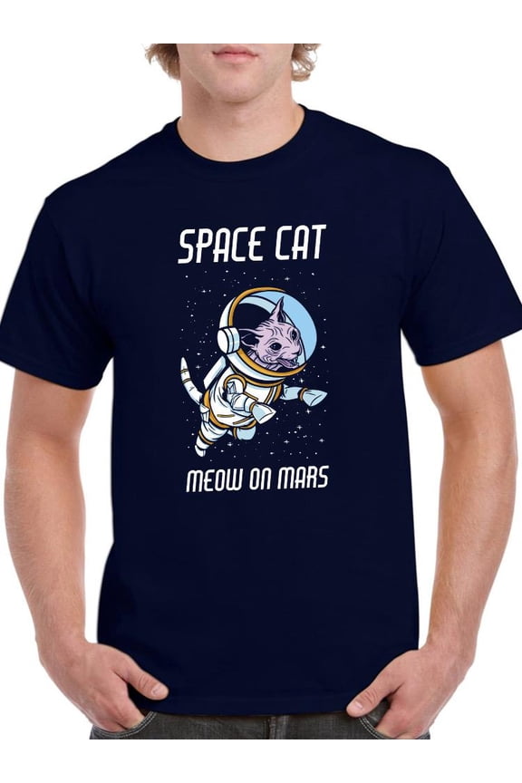 Space Cat Meows On Mars T-Shirt Men -Smartprints Designs, Male Large