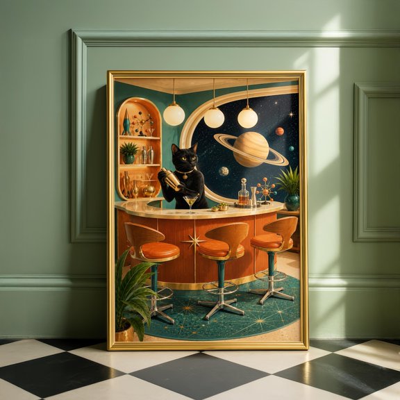 Space Cat Mid Century Modern Retro Lounge Atomic Poster Unframed Paper Print