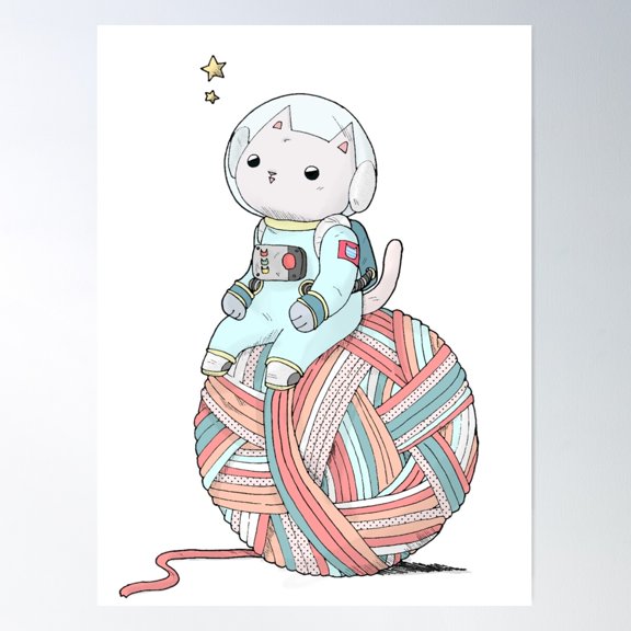 Space Cat On Planet Yarn Ball Poster Wall Art, Modern Wall Decor For Living Room Bedroom, 24x36 UNFRAMED
