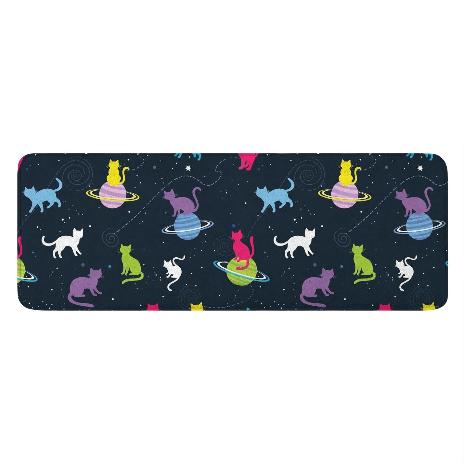 Shape Runner Space Cat and Planet Black Pattern Flannel Kitchen Runner Mat, Long ...