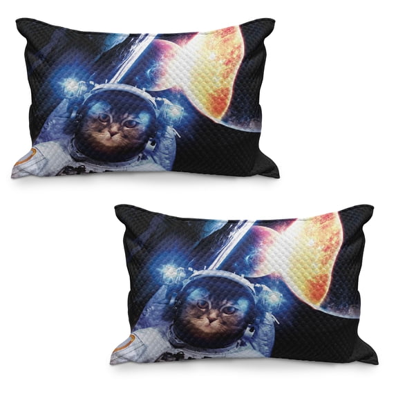 Space Cat Quilted Pillowcover Set of 2, Kitten in Suit Planets Nebula Supernova Eclipse Art Cosmos, Standard Queen Size Pillow Cover for Bedroom, 36" x 20", Dark Blue Orange, by Ambesonne