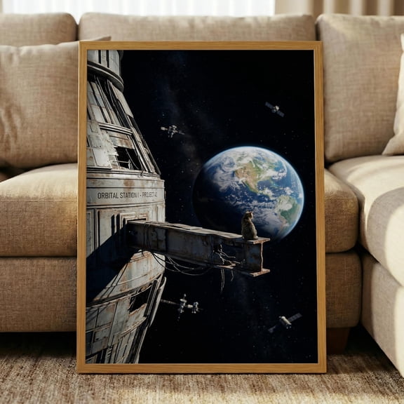 Space Cat Sci Fi Earth View Surreal Cyberpunk Retro Futurism Feline Orbital Station Cat Poster Unframed Paper Print