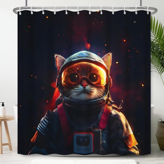 Space Cat Shower Curtain Astronaut Kitty Bathroom Decor with Hooks 71x71 inches
