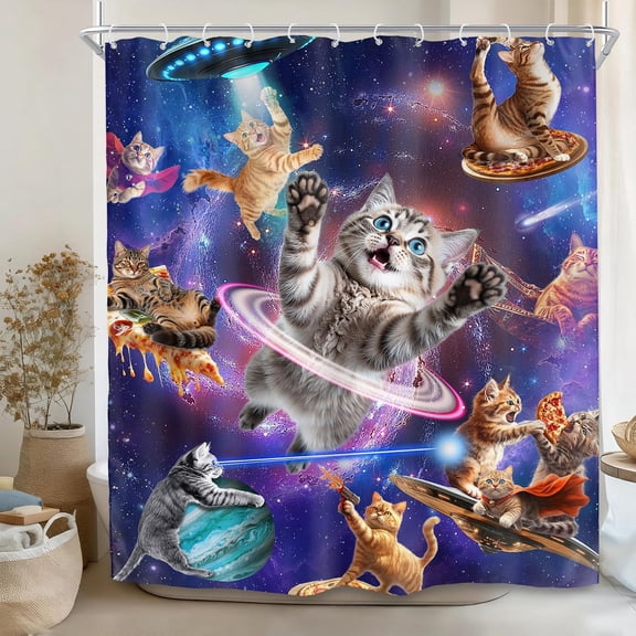 Space Cat Shower Curtain Funny Galaxy Kitty With Pizza And UFO Waterproof Fabric Bathroom Decor 71x71 inches
