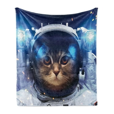 Space Cat Soft Flannel Fleece Blanket, Felline Astronaut Theme Funny Illustration with Science Themes Exploring Universe, Cozy Plush for Indoor and Outdoor Use, 50" x 70", Multicolor, by Ambesonne