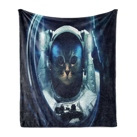 Space Cat Soft Flannel Fleece Blanket, Kitty in Space Suit Loking from Rocket in Galactic Space Orbit Artwork, Cozy Plush for Indoor and Outdoor Use, 50" x 70", Dark Blue and White, by Ambesonne