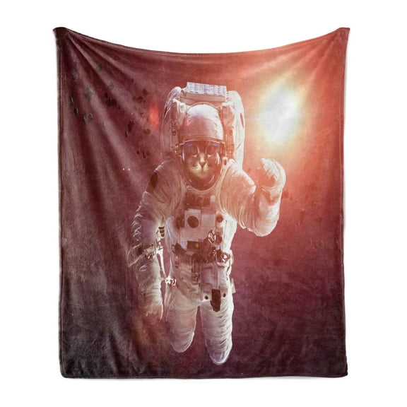 Space Cat Soft Flannel Fleece Blanket, Pet Cat in Outer Space Planet Meteors Galaxy with Astronaut Suit Image, Cozy Plush for Indoor and Outdoor Use, 70" x 90", White Purple and Ruby, by Ambesonne