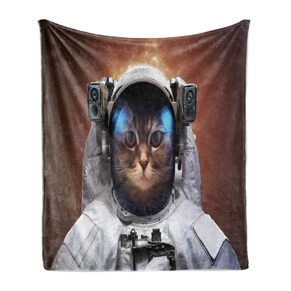 Space Cat Soft Flannel Fleece Throw Blanket, Cat in Space Astronaut Cosmonaut Suit with Milkyway Backdrop Image, Cozy Plush for Indoor and Outdoor Use, 70" x 90", White and Pale Caramel, by Ambesonne