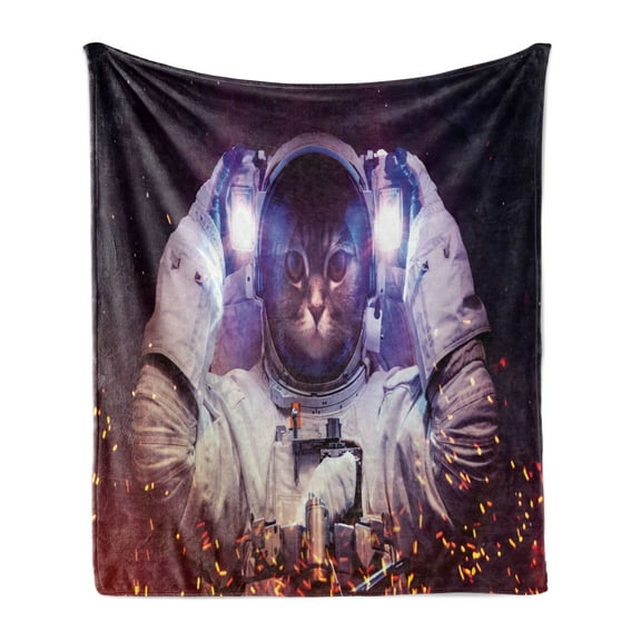Space Cat Soft Flannel Fleece Throw Blanket, Astronaut Cat in Suit Outer Space Nebula Galaxy Cosmos Image, Cozy Plush for Indoor and Outdoor Use, 50" x 70", Dark Blue Purple, by Ambesonne