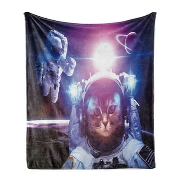 Space Cat Soft Flannel Fleece Throw Blanket, Astronauts in Nebula Galaxy with Eclipse in Saturn Planets Image, Cozy Plush for Indoor and Outdoor Use, 50" x 60", Dark Blue Purple, by Ambesonne