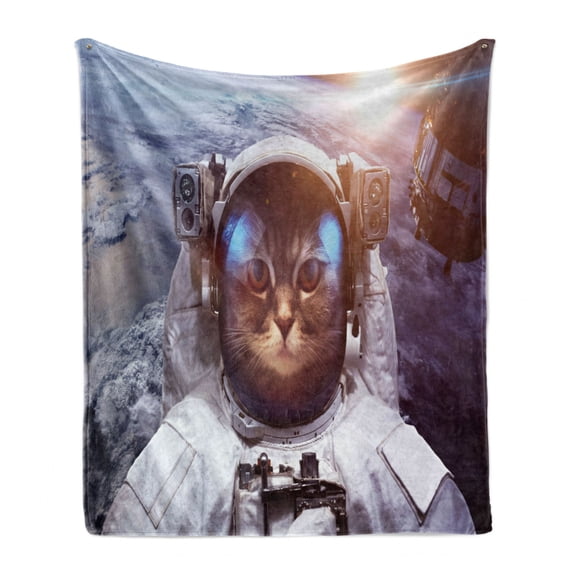 Space Cat Soft Flannel Fleece Throw Blanket, Astrounaut Cosmonaut Cat in Suit with Space Satellite Eclipse Image, Cozy Plush for Indoor and Outdoor Use, 50" x 60", Blue Grey and White, by Ambesonne