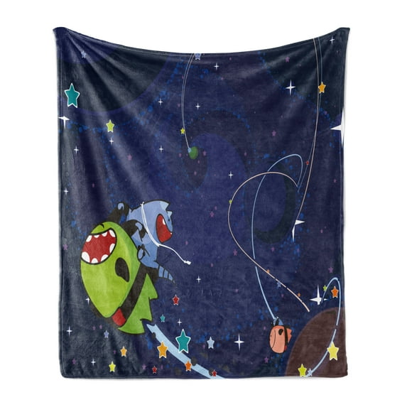 Space Cat Soft Flannel Fleece Throw Blanket, Cartoon Kittens Alien Creatures Stars Planets on Abstract Backdrop, Cozy Plush for Indoor and Outdoor Use, 60" x 80", Green Brown Dark Blue, by Ambesonne