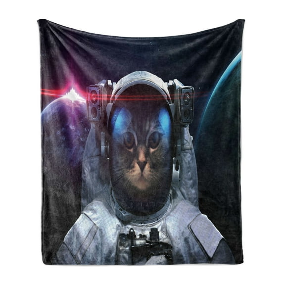 Space Cat Soft Flannel Fleece Throw Blanket, Cosmonaut Kitty in Galaxy Cosmos Nebula Stars with Eclipse Image, Cozy Plush for Indoor and Outdoor Use, 50" x 60", Dark Blue White, by Ambesonne