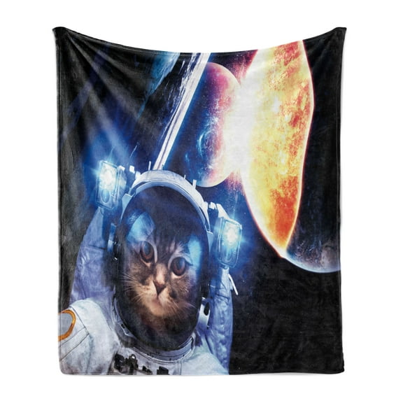 Space Cat Soft Flannel Fleece Throw Blanket, Kitten in Suit Planets Nebula Supernova Eclipse Artwork Cosmos, Cozy Plush for Indoor and Outdoor Use, 50" x 60", Dark Blue Orange, by Ambesonne