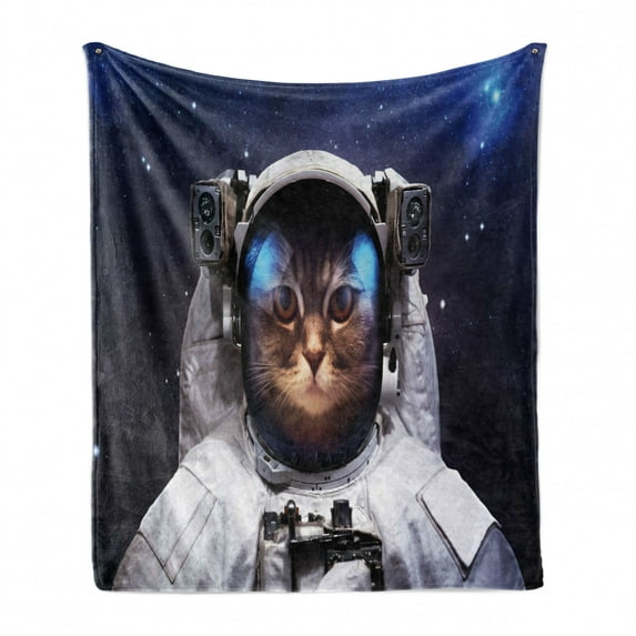 Space Cat Soft Flannel Fleece Throw Blanket, Milkyway Galaxy Space Traveller Cat in Suit with Stars Backdrop Image, Cozy Plush for Indoor and Outdoor Use, 60" x 80", Navy Blue and White, by Ambesonne