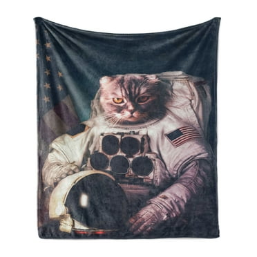 Space Cat Soft Flannel Fleece Throw Blanket, Vintage Image Astronaut Kitty with American Flag Patriot Animal, Cozy Plush for Indoor and Outdoor Use, 50" x 70", White Red and Dark Blue, by Ambesonne