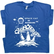 Space Cat T Shirt on Mushrooms Funny Kitten Shirts for Women Men Guys Ladies Psychedelic Graphic Tee Cool Cute Astronaut Weird Theme