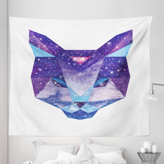 Space Cat Tapestry, Kitty Head in Geometrical Lines with Star Cluster Cosmology Image, Fabric Wall Hanging Decor for Bedroom Living Room Dorm, 5 Sizes, Sky Blue Purple, by Ambesonne