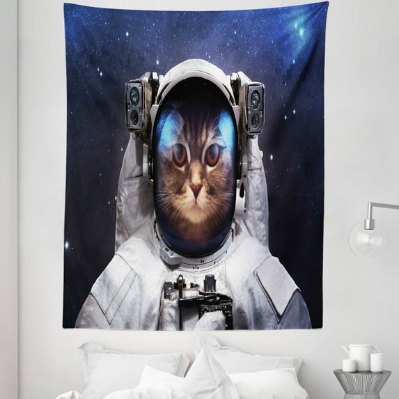 Space Cat Tapestry, Milkyway Galaxy Space Traveller Cat in Suit with Stars Backdrop Image, Fabric Wall Hanging Decor for Bedroom Living Room Dorm, 5 Sizes, Navy Blue and White, by Ambesonne