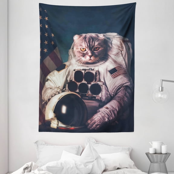 Space Cat Tapestry, Vintage Image Astronaut Kitty with American Flag Patriot Animal, Wall Hanging for Bedroom Living Room Dorm Decor, 60W X 80L Inches, White Red and Dark Blue, by Ambesonne