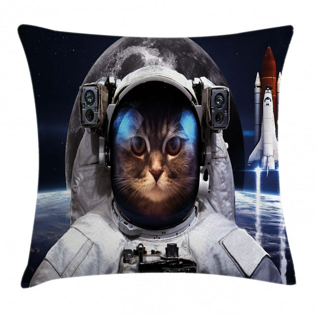 Space Cat Throw Pillow Cushion Cover, Cat in Cosmonaut Outer Space Clothes in Cosmos Travel with Rocket, Decorative Square Accent Pillow Case, 18 X 18 Inches, Navy Blue White and Red, by Ambesonne