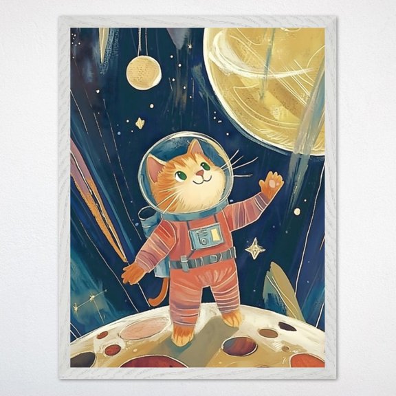 Space Cat Wall Art Whimsical Astronaut Cat For Nursery Cosmic Kids Room Decor Space Poster Wall Art