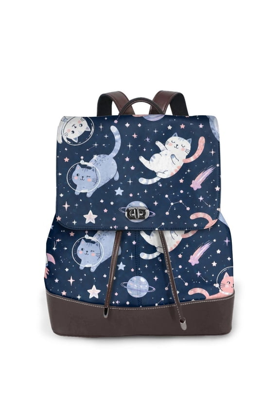 Space Cat Women's Leather Backpack All-Over Print Bag for Work and Travel