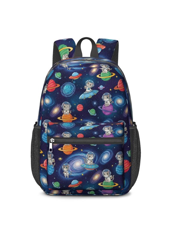 Space Cat and Galaxy Black Pattern 17" Waterproof Oxford School Backpacks for Teens, S-Shape Padded Straps, for School, Travel, Hiking, Camping