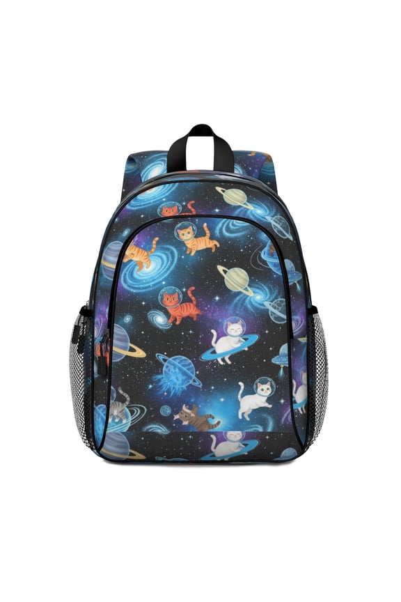 Space Cat and Galaxy Black Pattern Backpack for School, Cute School Bag with Adjustable Shoulder Straps and Padded Back, 15"x11.42"x5.5"