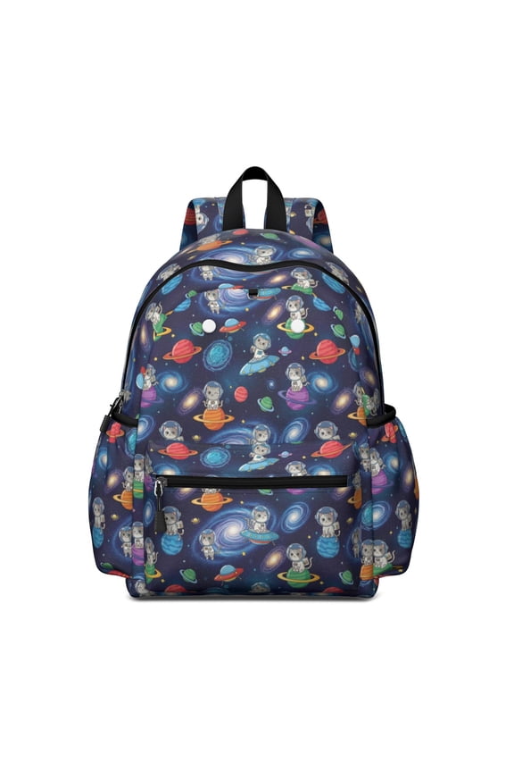 Space Cat and Galaxy Black Pattern Cute School Backpack with Padded Back and Adjustable Shoulder Straps 13.4"x11"x4.7"
