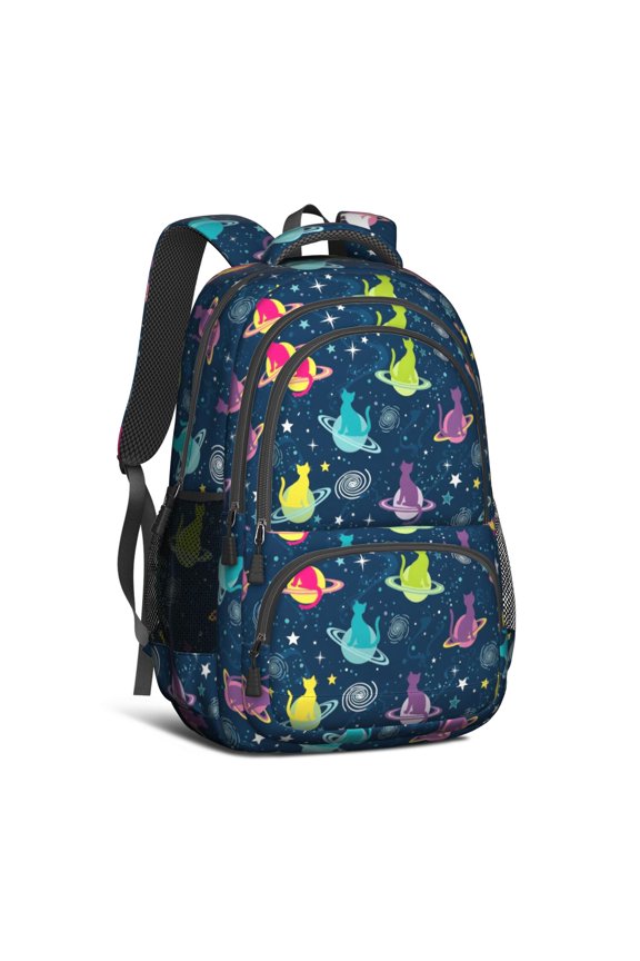 Space Cat and Planet Black Pattern Cute School Backpack Bag with Padded Back and Adjustable Shoulder Straps 16.9 X 12.6 X 5.9 Inches
