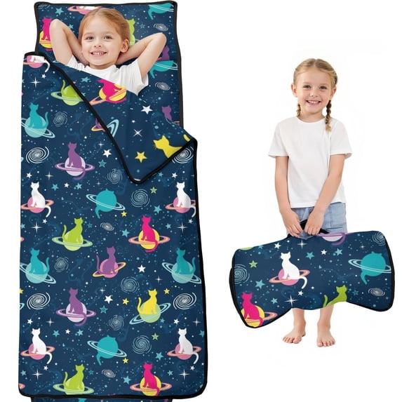 Space Cat and Planet Black Pattern Teens Toddler Nap Mat with Pillow, Sleeping Mat Bag for Preschool Daycare 60"x20"