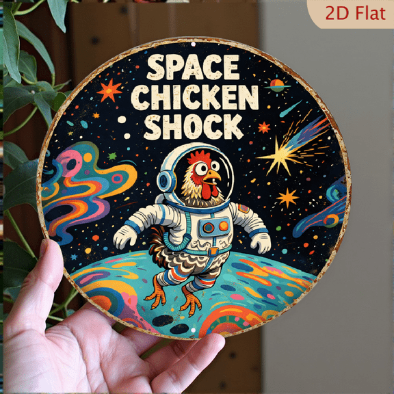 Space Chicken Shock Round Metal Wall Art, 8x8 Inch Psychedelic Astronaut Chicken Aluminum Sign for Retro Home Decor